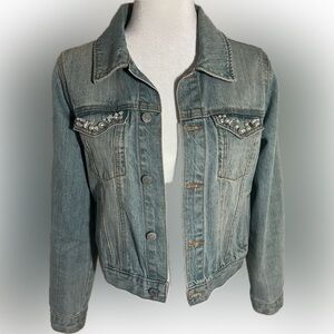 Embellished Denim Jacket with Pearls & Rhinestones | Size Large (Runs Small)